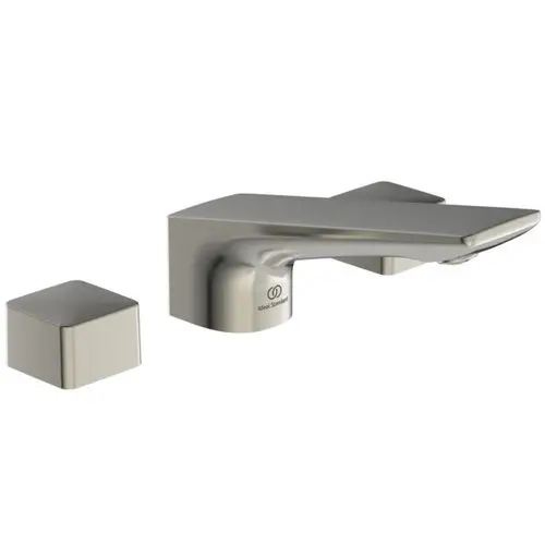 Waschtischarmatur in silberner Ausführung von Ideal Standard mit zwei Steuerhebeln und einem Auslauf. Modernes, minimalistisches Design ohne sichtbare Maße.